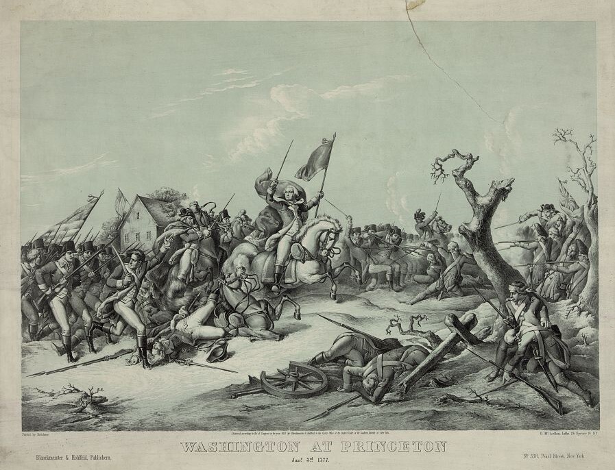 Historical drawing of men at war; some on horsebacks with weapons, others lying on the ground.