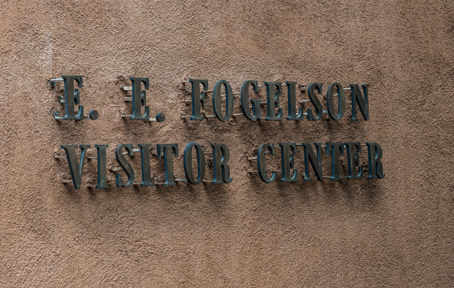 Visitor Center sign that reads "E.E. Fogelson Visitor Center" 