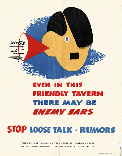 Color illustration of a stylized cartoon Hitler with an ear trumpet listening to conversations. Text is in red and blue.