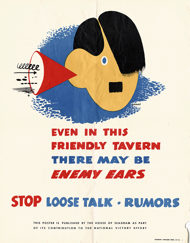 Color illustration of a stylized cartoon Hitler with an ear trumpet listening to conversations. Text is in red and blue.