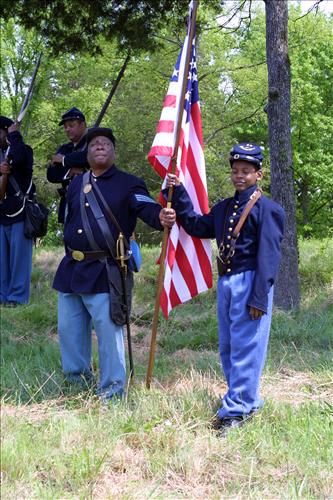 Civil War interpreters of  men training to join the U.S. Colored Troops at Stones River National Battlefield, April 2004