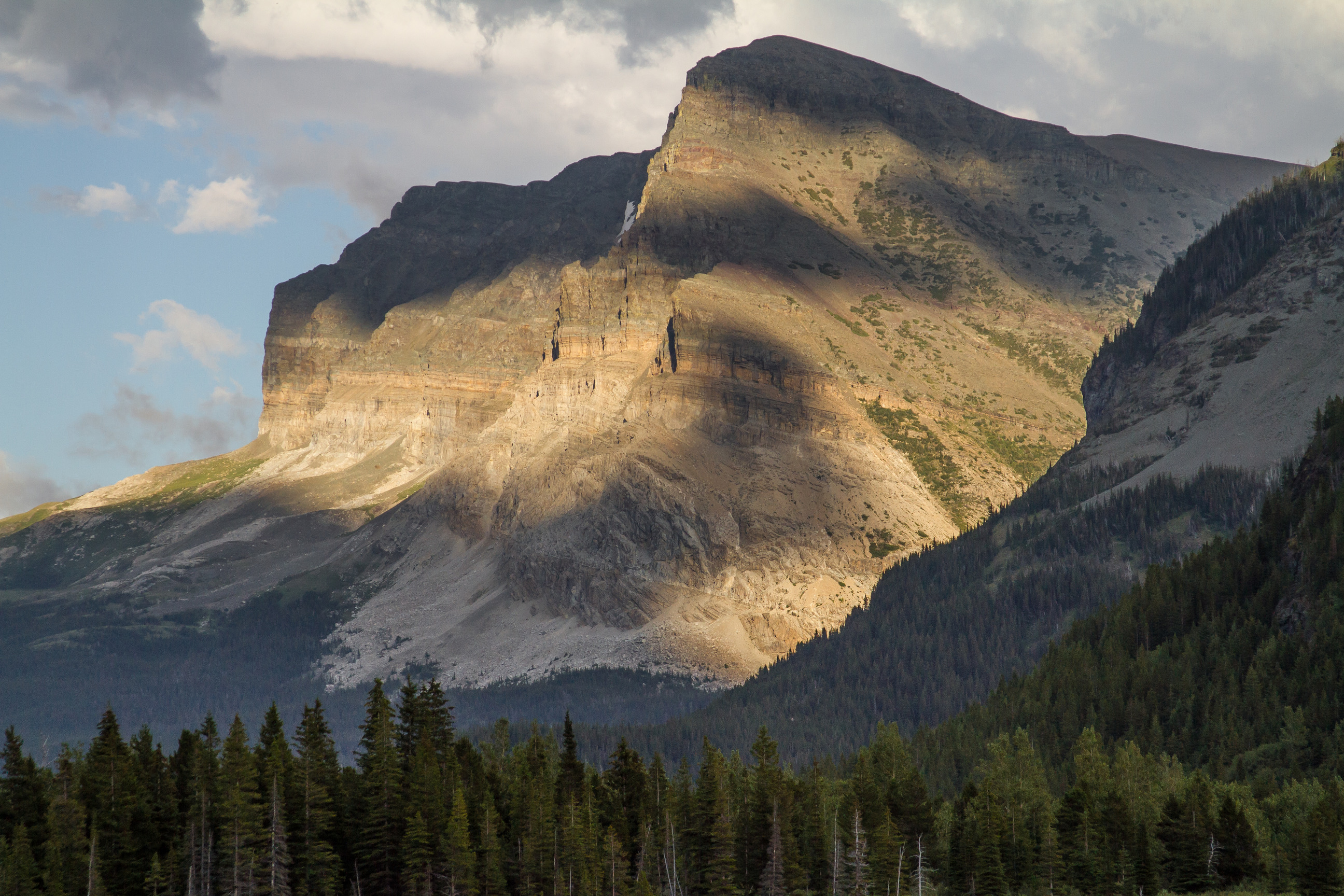 sun shining on the side of a large mountain with a line of trees in the foreground 