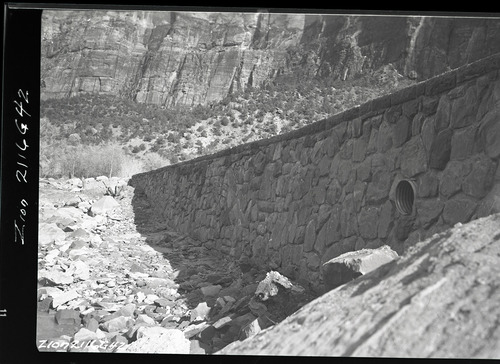 Rock retaining wall alongside the road at the slide area in Zion Canyon.
