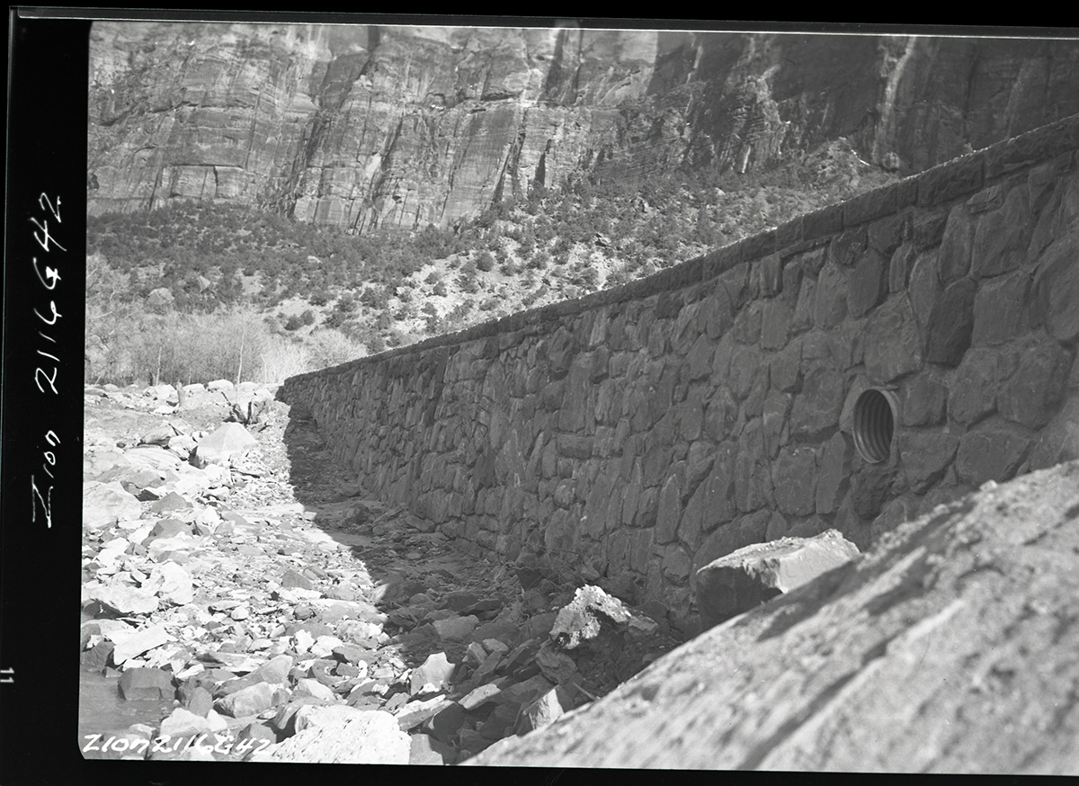 Rock retaining wall alongside the road at the slide area in Zion Canyon.