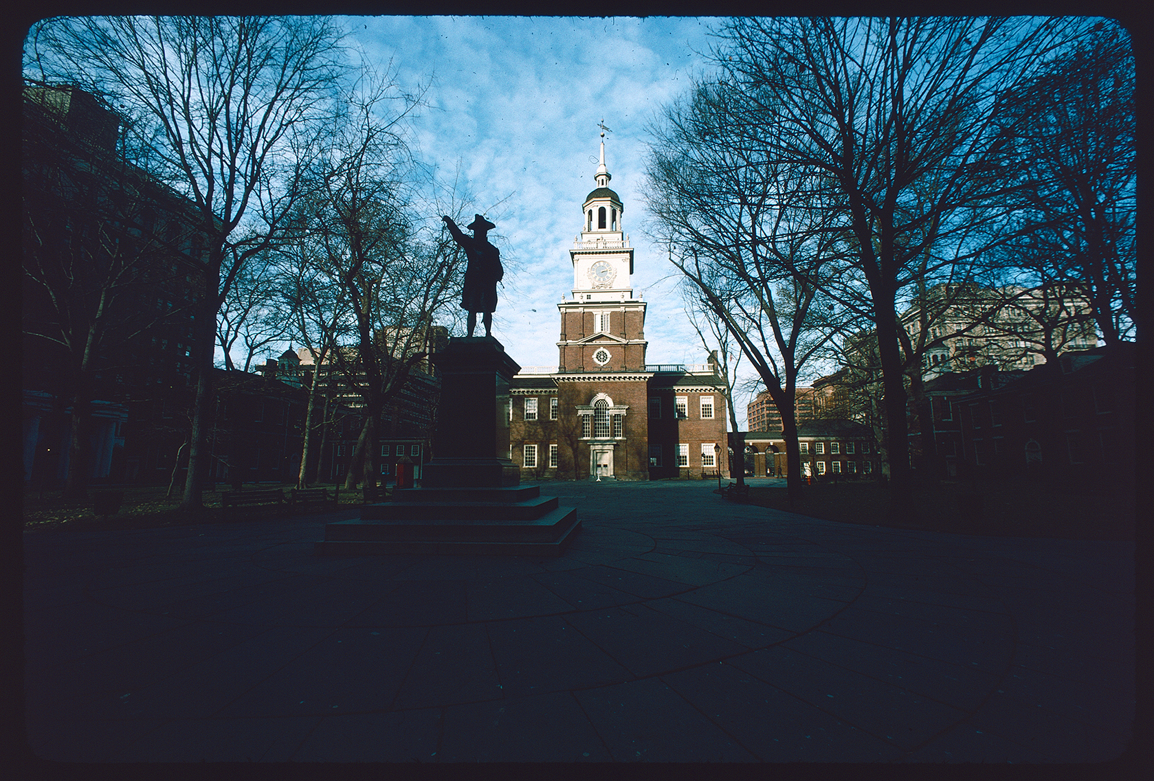 Independence Square. Looking northeast right of John Barry Statue towards Independence Hall exterior. Tower clock, nearly 2:15 PM.