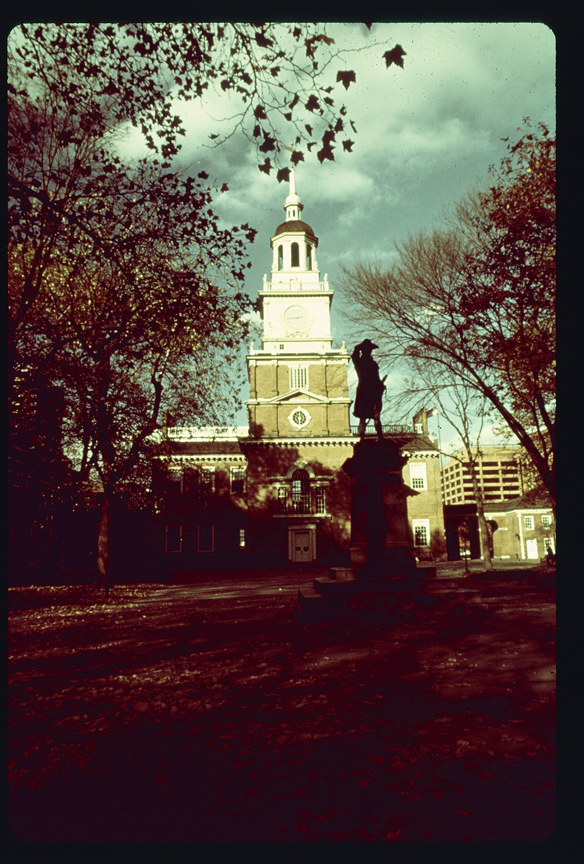 Independence Square. Looking up northeast past John Barry statue at Independence Hall tower exterior. Tower clock, 2:45 PM.