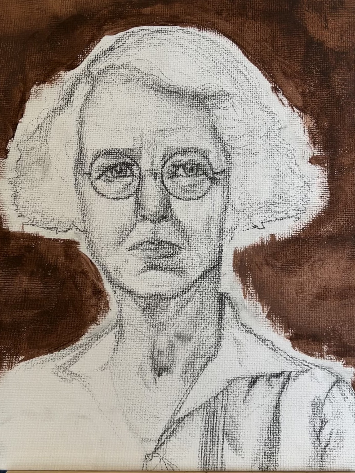 Drawing on pencil of woman with short curly hair, glasses, and not smiling. The background is brown painting.