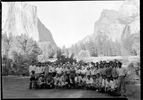 Japanese Swimming Team "Japanese delegation to Olympiad - visited Yosemite & gave swimming exhibitions at Camp Curry pool."