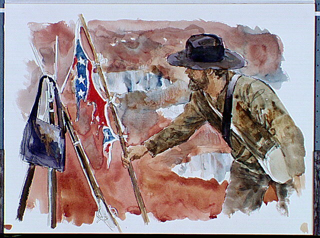Confederate soldier placing tattered Confederate flag with stacked arms.