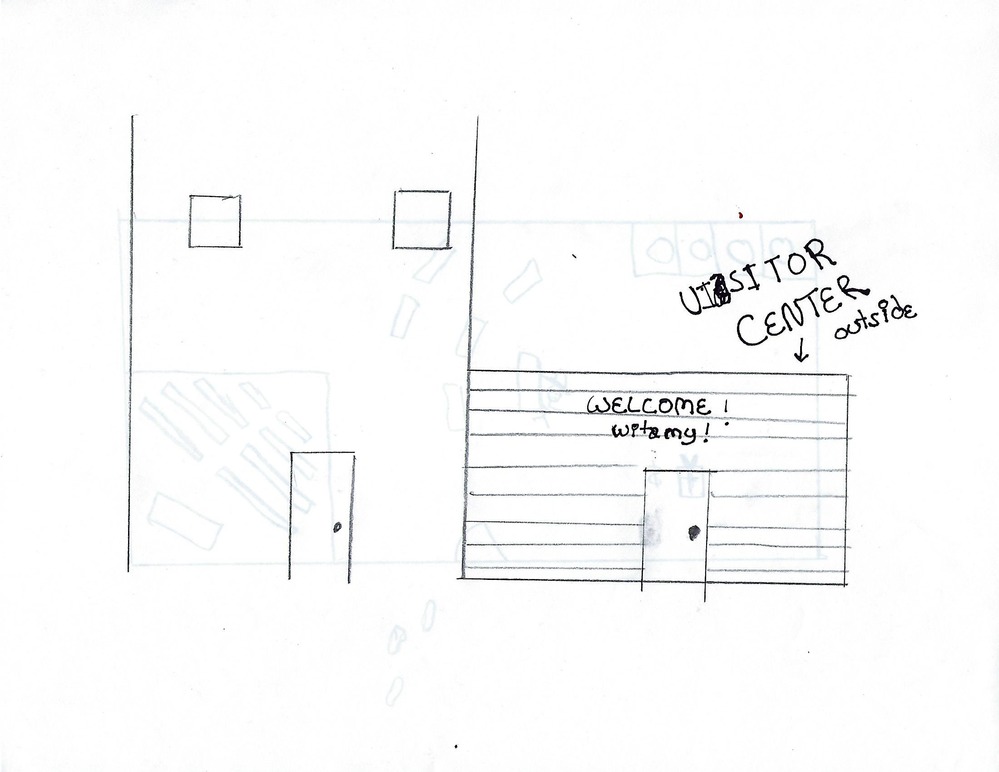 Black and white illustration showing two house fronts, one with the words "Visitor Center," "Welcome," and "Witamy."