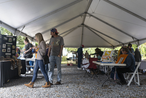 People exploring an outdoor festival with informational booths and displays.
