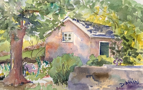 A painting of a small brown building surrounded by trees and green shrubs.