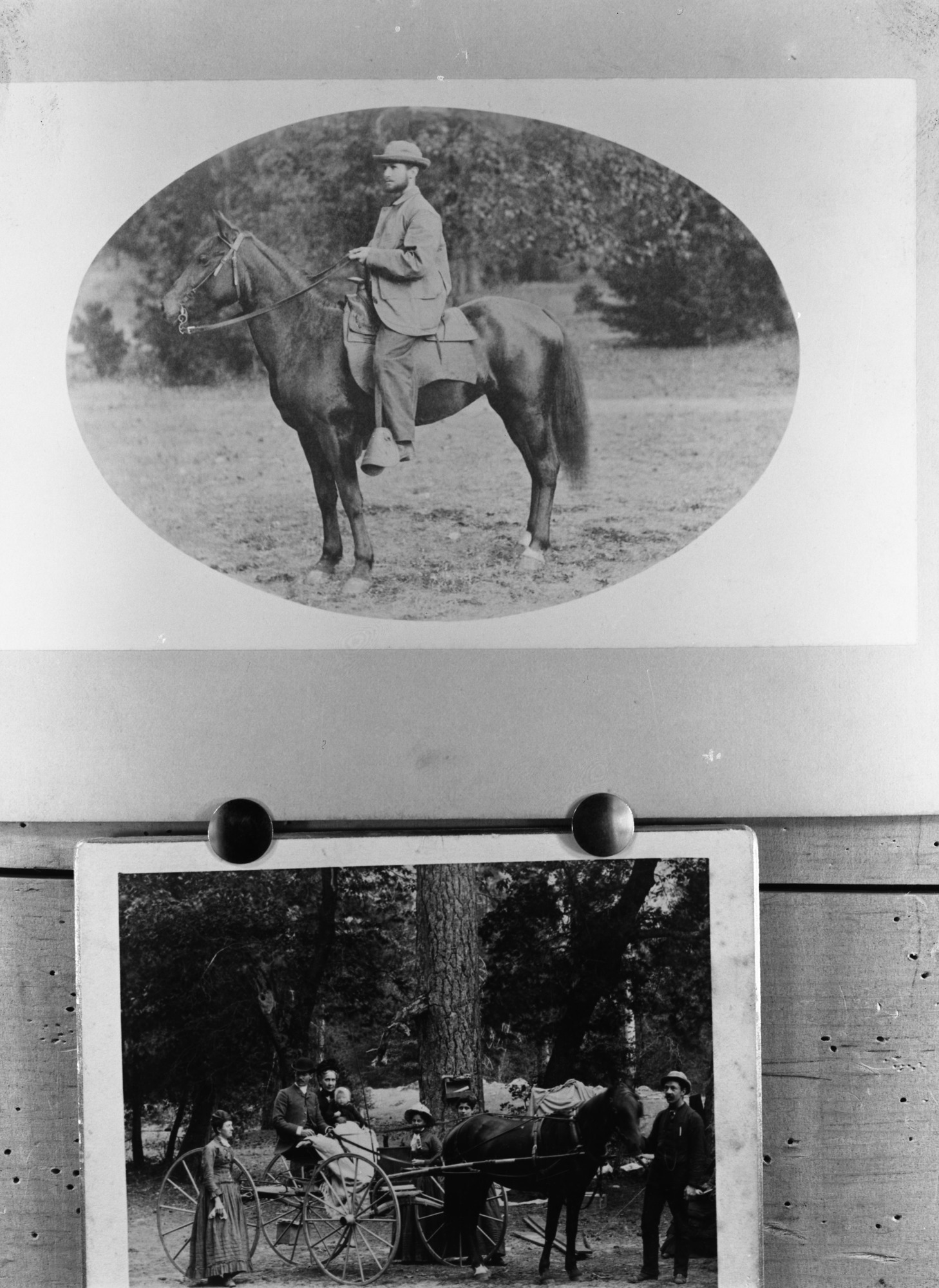 TOP: Walter E. Dennison upon arrival in Yosemite. October 6, 1884 - original by George Fiske. BOTTOM: Mr. and Mrs. Dennison and Isabel Dennison in wagon - 1885.
