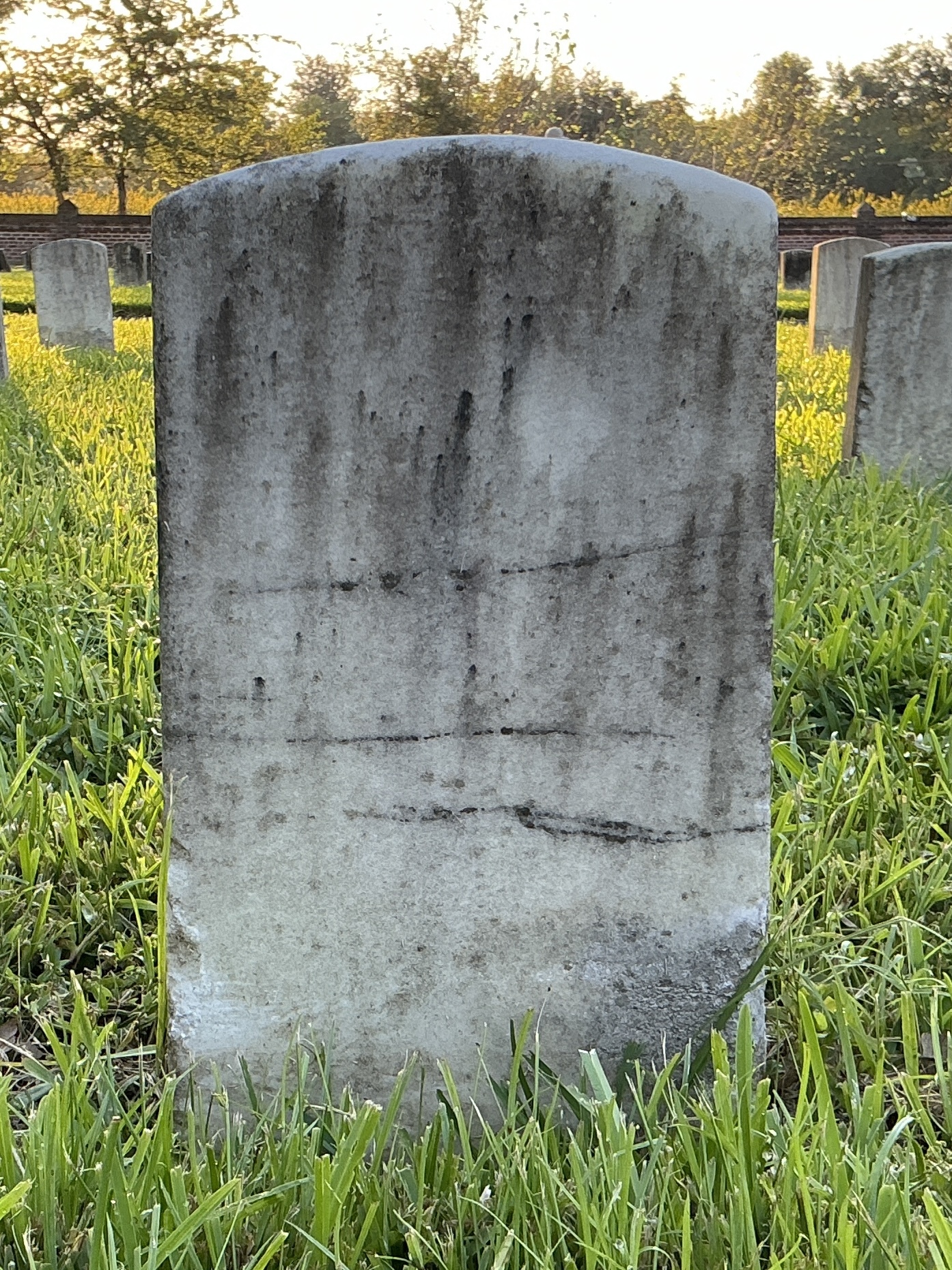 Back of historic upright marble headstone with recessed shield face.
