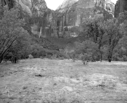 Unusually heavy flow in Heaps Canyon water fall as a result of the great flood of September 17, 1961, in which five persons lost their lives in the Zion Narrows.