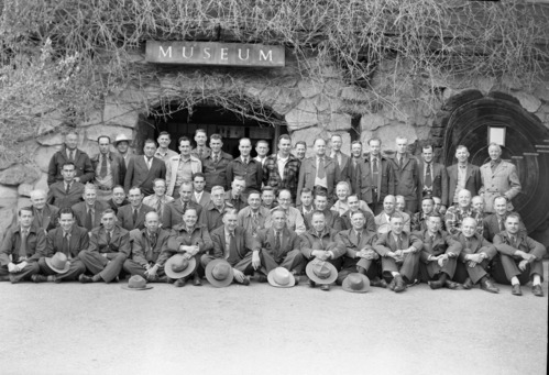 Fire Training Conference in Yosemite. LEFT TO RIGHT: Sitting- Alvin B. Filippini, J. Glyde Werley, Art Moberg, Buck Evans, Odin S. Johnson, Oscar Sedergren, Alan McCready, Duane Jacobs, Curtis Lindley, Norman Spangenberg, Paul Googins, Cliff Risbrudt, and Jewell Michels. Kneeling- Cecil Metcalf, Jim Dulitz, Les Hansen, Nelson Murdock, Ed Angwin, Bob Moore, Bill Pennington, R. Gaines, Burnett Seaford, F.J. Jefferson, Larry Cook, Corky Johnson, Dick Rafferty, John Rutter, Reed Seeley, Henry Schmid, Bob Branges, Myron J. Horn, R.H. McGee, Scholla Parker (?), Frank Watson, Eivind Scoyen, Byron Beattie, Elroy F. Paysen,. Standing- Paul Stathem, Darwin Griswold, Louis Geil, Hugh Payton, Stanley McComas, Wm. James, Art Holmes, Bert Harris, Howard Moore, Elmo Freear, Jack Anderson, Wm. Jacobson, Roy Bengard, D.G. McBean, Ken Fox, Dean Schlobohm, W.H. Hansen, James Taylor, John Bingaman, and Sam Clark.