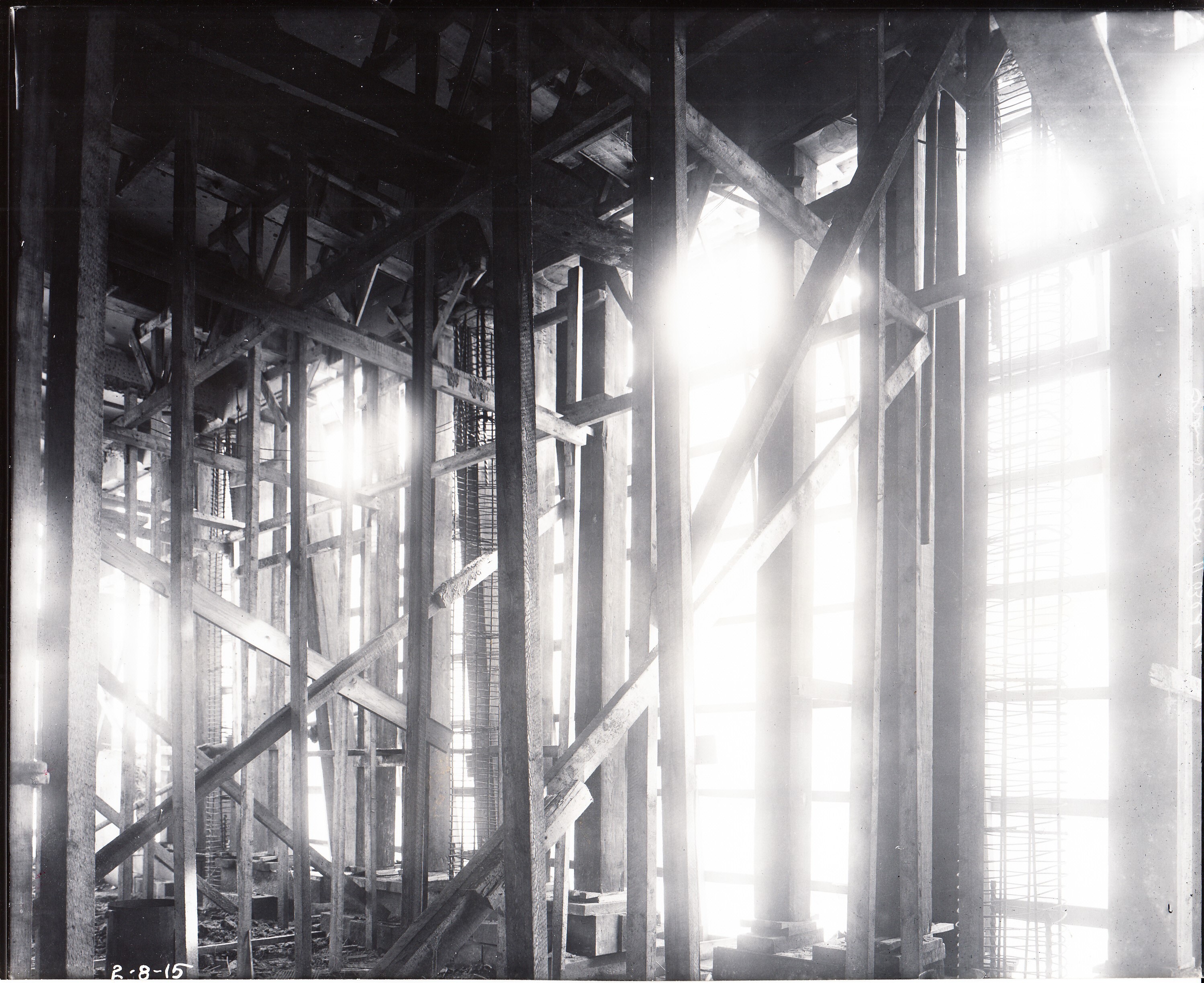 Building 11, interior, parts of five columns removed for reconstruction.