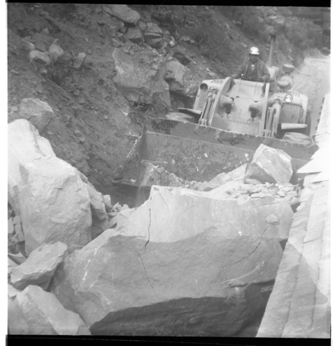 BW photo of rock slide in the maintenance yard.