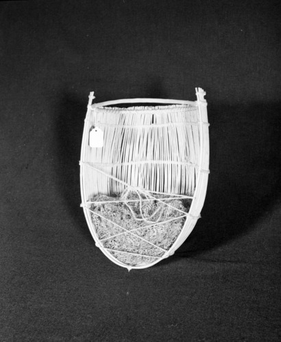 Marie Rozier Collection, Catalog No. 147. Object: Pomo cradle. Dimensions: 10 1/2 x 7 x 15". Materials: dogwood shoots, cotton string, oak hoop. Technology: ---. Collection History: Made by Miss Annie Lake, of Redwood Rancheria, Ukiah at age 79. Acquired from Marion Steinbach for $18. Photographed by Michael Dixon, December 1982. Catalogued by Craig Bates and Barbara Beroza. Yosemite Collections, National Park Service.