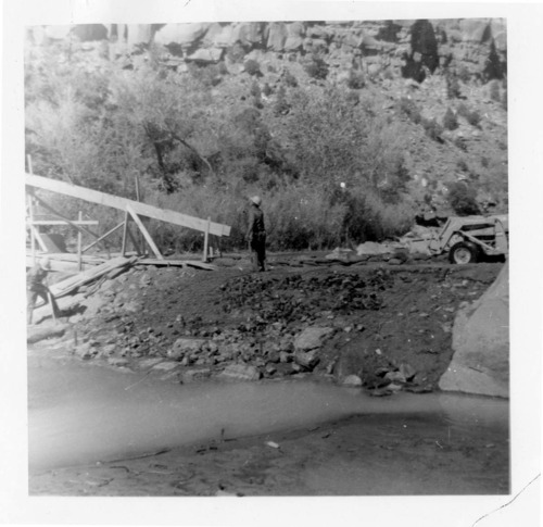 BW photo of the construction/modification of the Canyon Junction Spillway on the Virgin River.