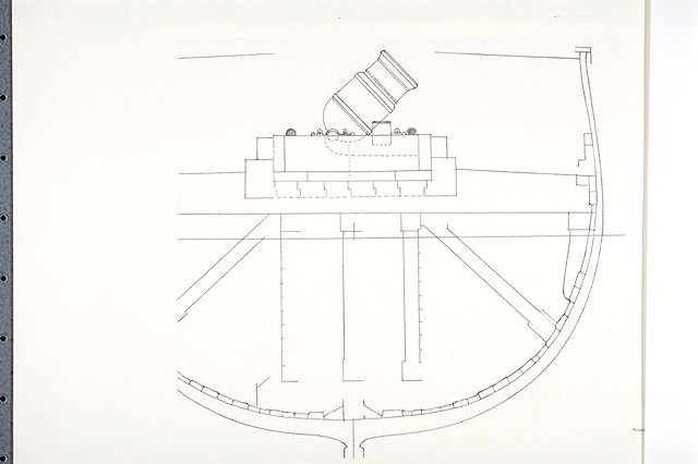Cross-section of the hull of the British bomber (ship) "HMS Meteor" showing a mounted British 13-inch mortar and the heavy bracing needed to support the mortar.