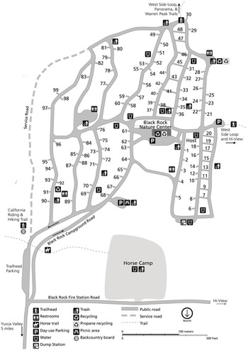 A map of Black Rock Campground which shows the roads and all 99 campsites, plus bathrooms, parking areas, and the Black Rock Nature Center. 