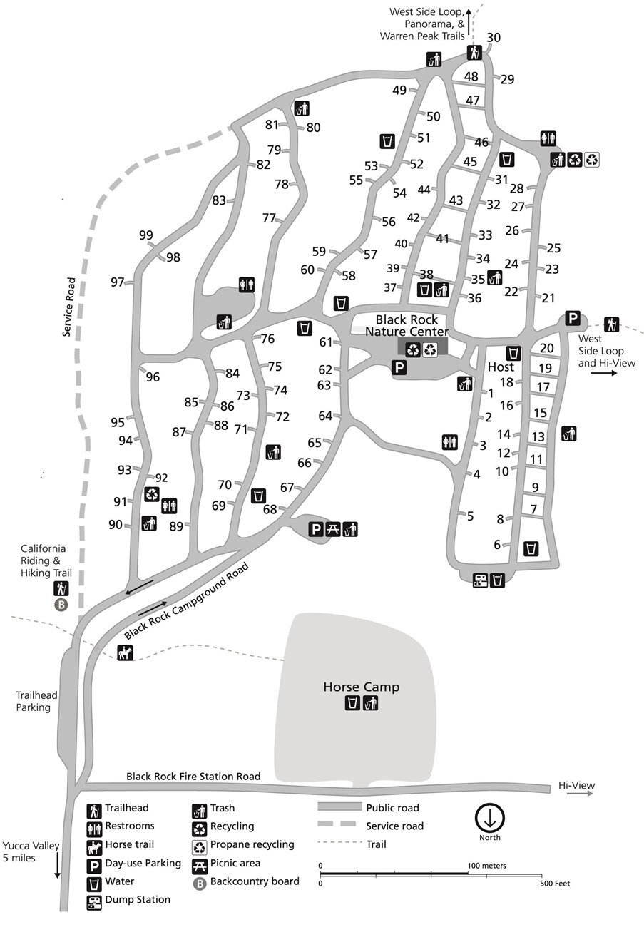 A map of Black Rock Campground which shows the roads and all 99 campsites, plus bathrooms, parking areas, and the Black Rock Nature Center. 