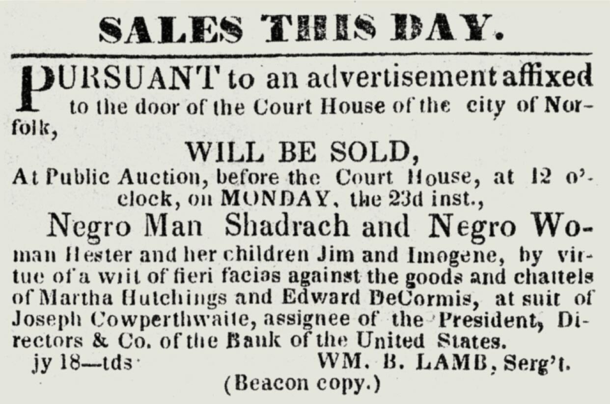 Newspaper clipping that advertises the selling of enslaved people, including Shadrach Minkins.
