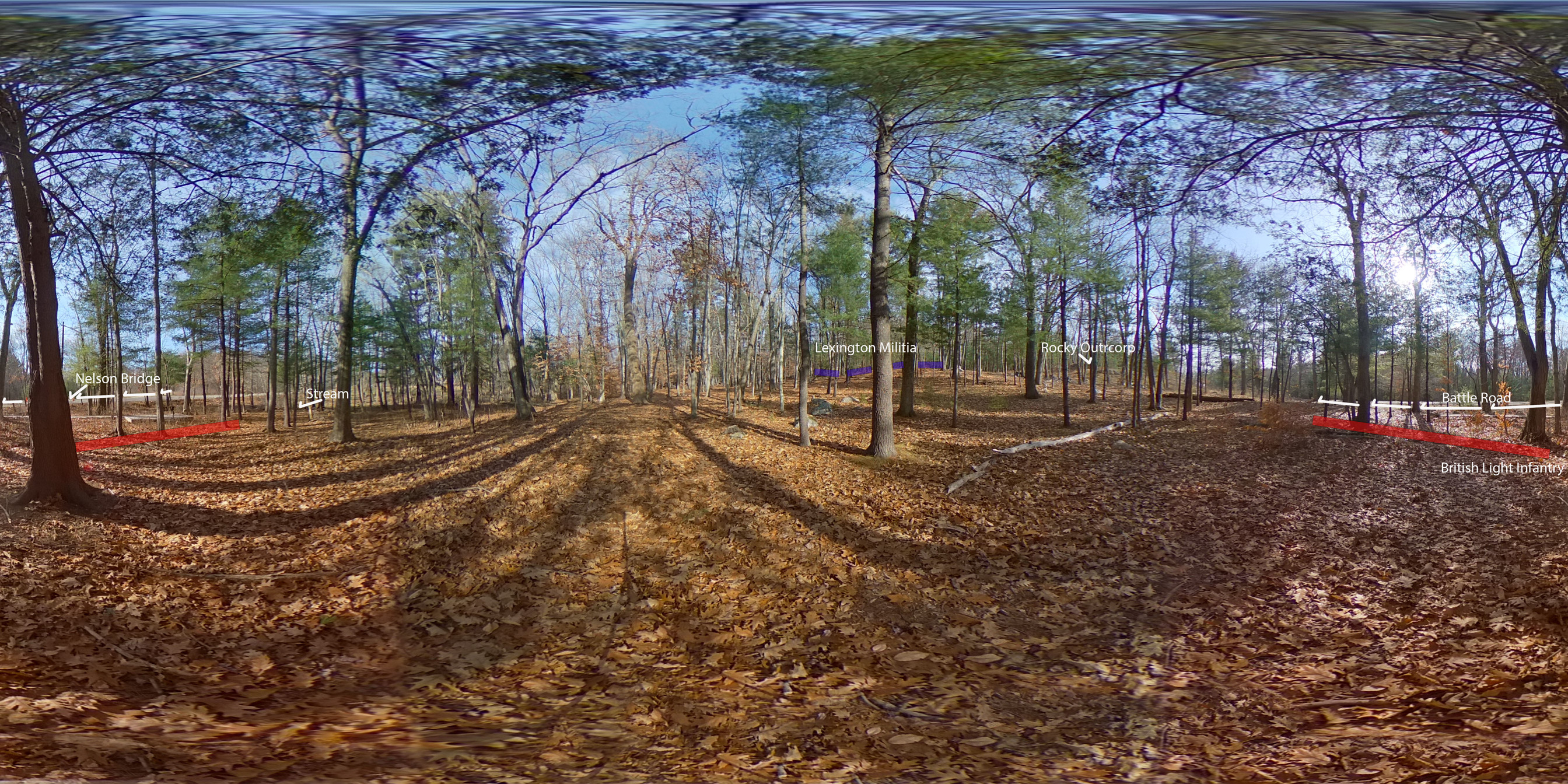 A wooded and hilly landscape. Trees are bare. Ahead on a low hill are four blue rectangles with the words "Lexington militia" above them. Pan to the right you will see words "Rocky Outcrop. Pan to the right you will see two red rectangles and the words "British light infantry. Above them a series of white arrows showing the route of the Battle Road. To the right is Nelson Bridge. Panning further right is the word "Stream."