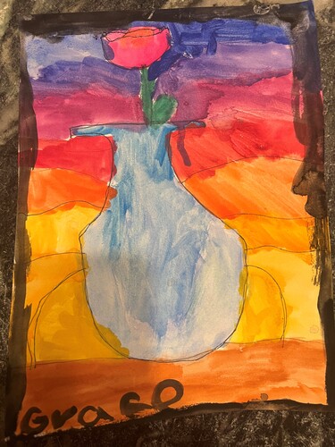 A painting of a pink flower in a blue vase. The background is rainbow colored.