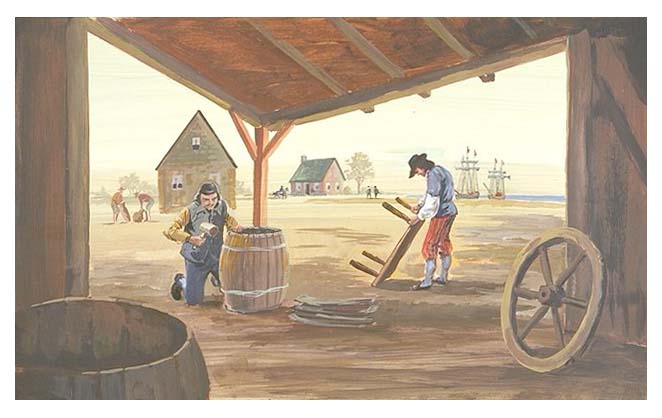 A 17th century cooper and cabinetmaker making barrels and tables in an early colonial settlement.