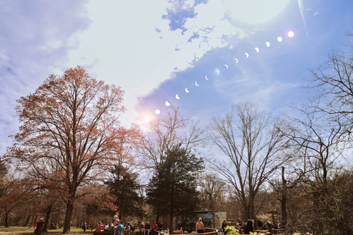 Composite photo of the 2024 solar eclipse shows partial eclipsed conditions as documented at Great Falls Park, George Washington Memorial Parkway, Virginia.