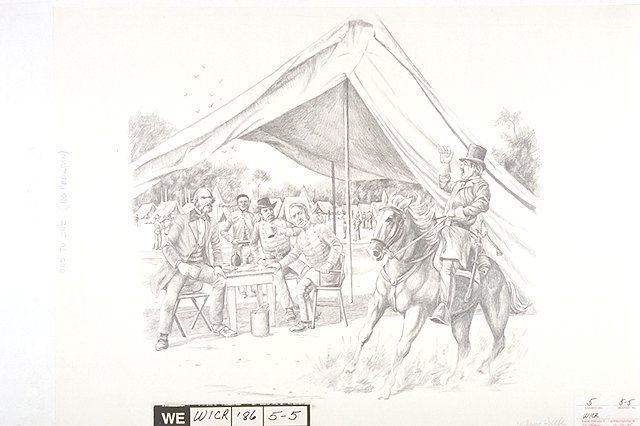 Scene depicts Maj. Gen. Sterling Price's headquarters, beside the log home of William Edwards, on the morning of August 10, 1861, shortly before the Battle of Wilson's Creek.