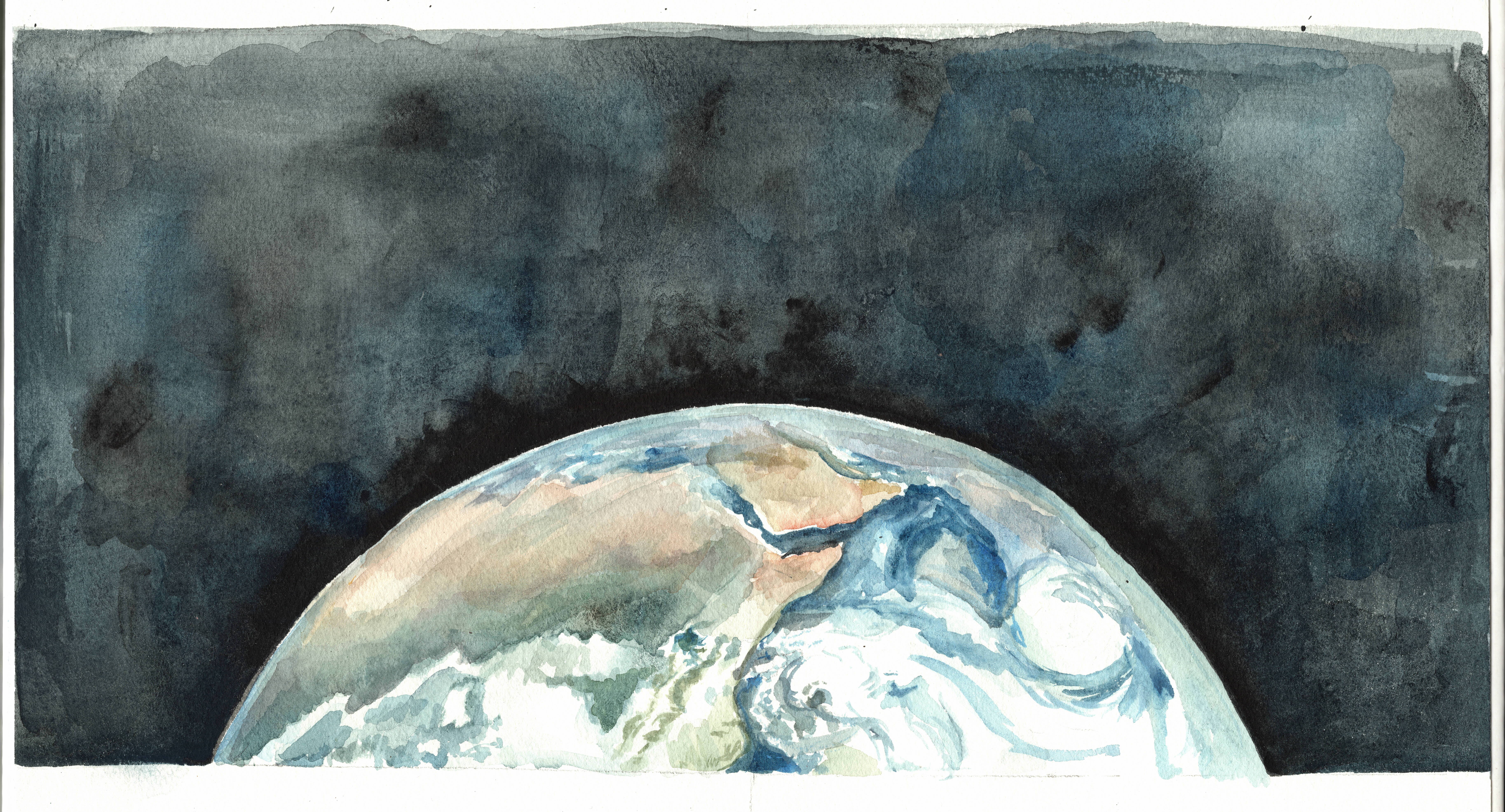 watercolor illustration of earth influenced by "Blue Marble" photo taken in 1972 by Apollo 17 mission to the moon