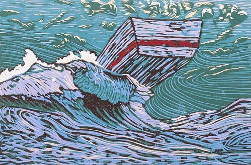 The artists' print shows a small boat on top of a large wave