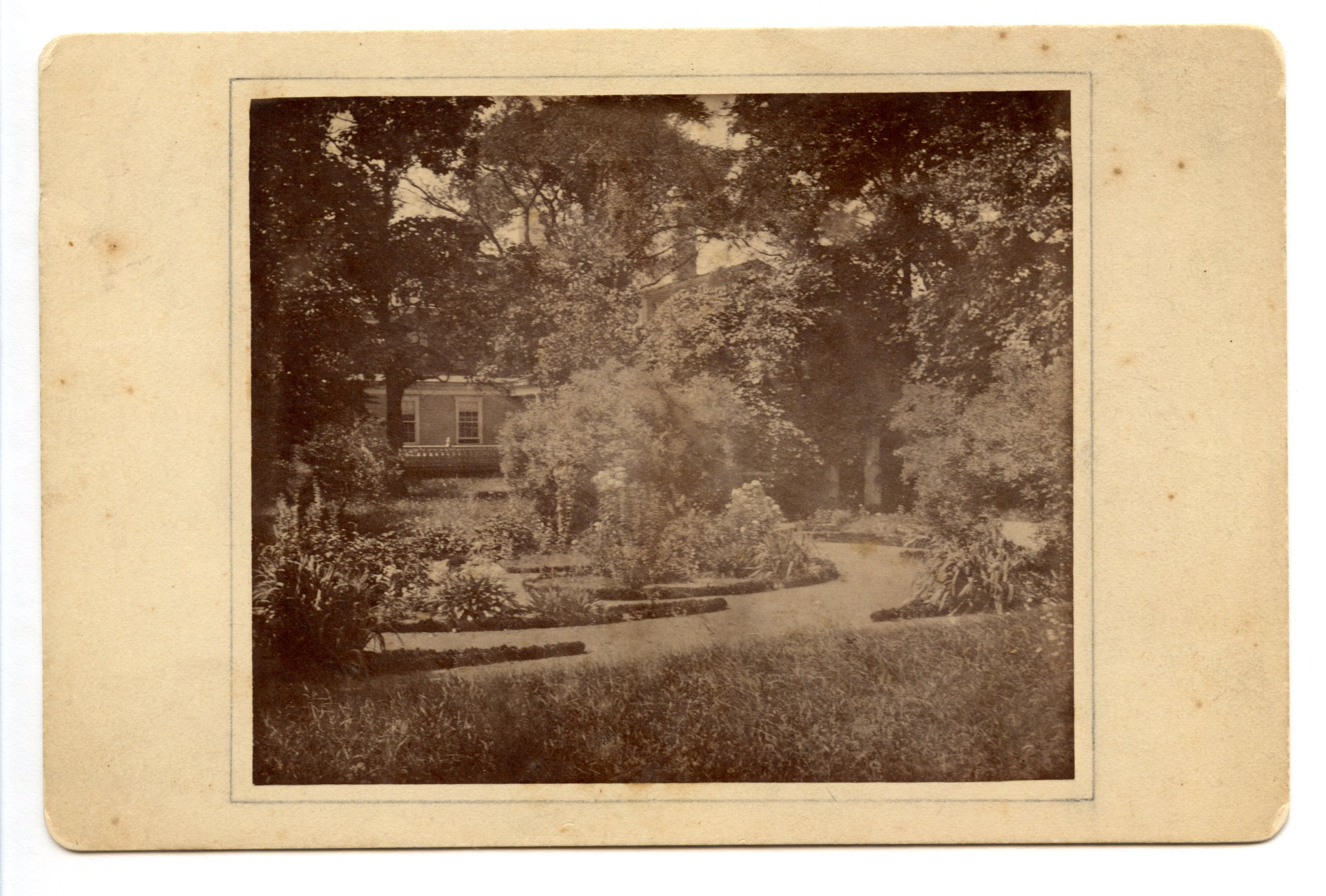 Black and white photograph of formal garden.