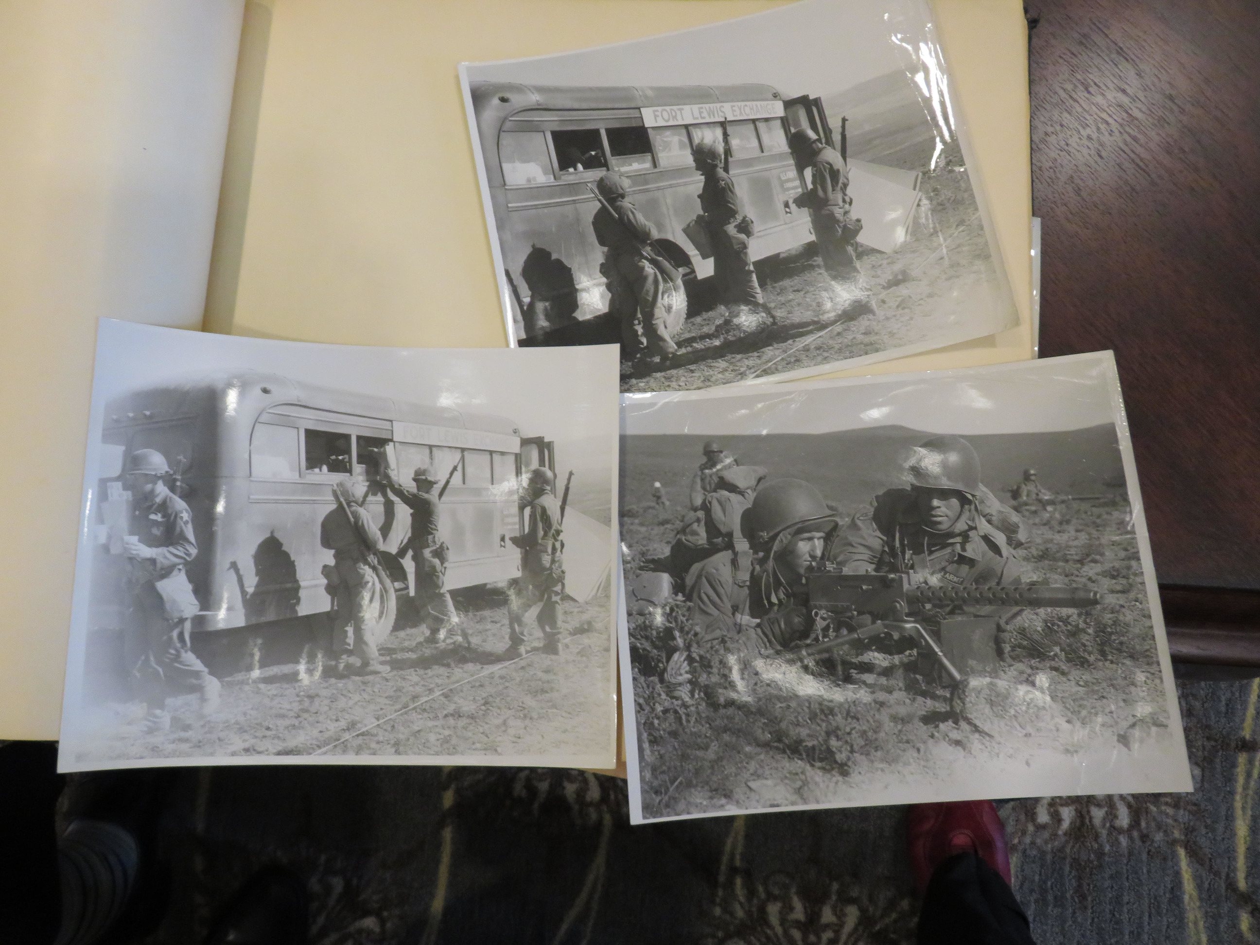 Collection of pictures depicting soldiers in the field and around a transport bus