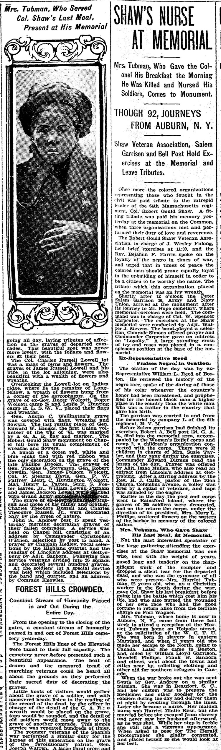 Newspaper article titled "Shaw's Nurse at Memorial" with a portrait of Harriet Tubman.