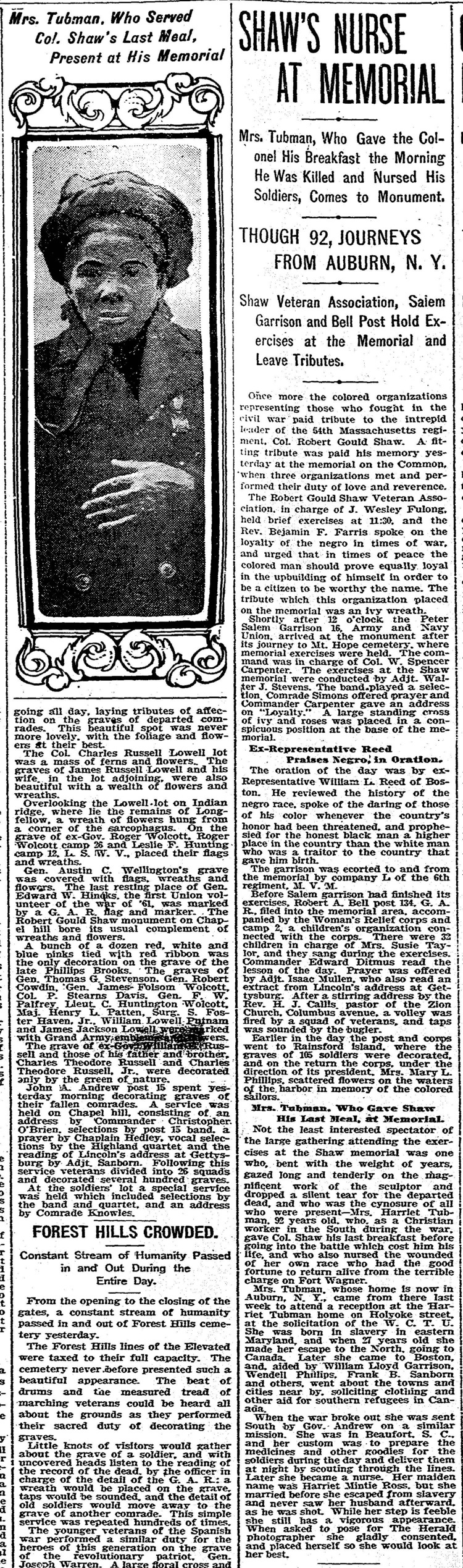 Newspaper article titled "Shaw's Nurse at Memorial" with a portrait of Harriet Tubman.