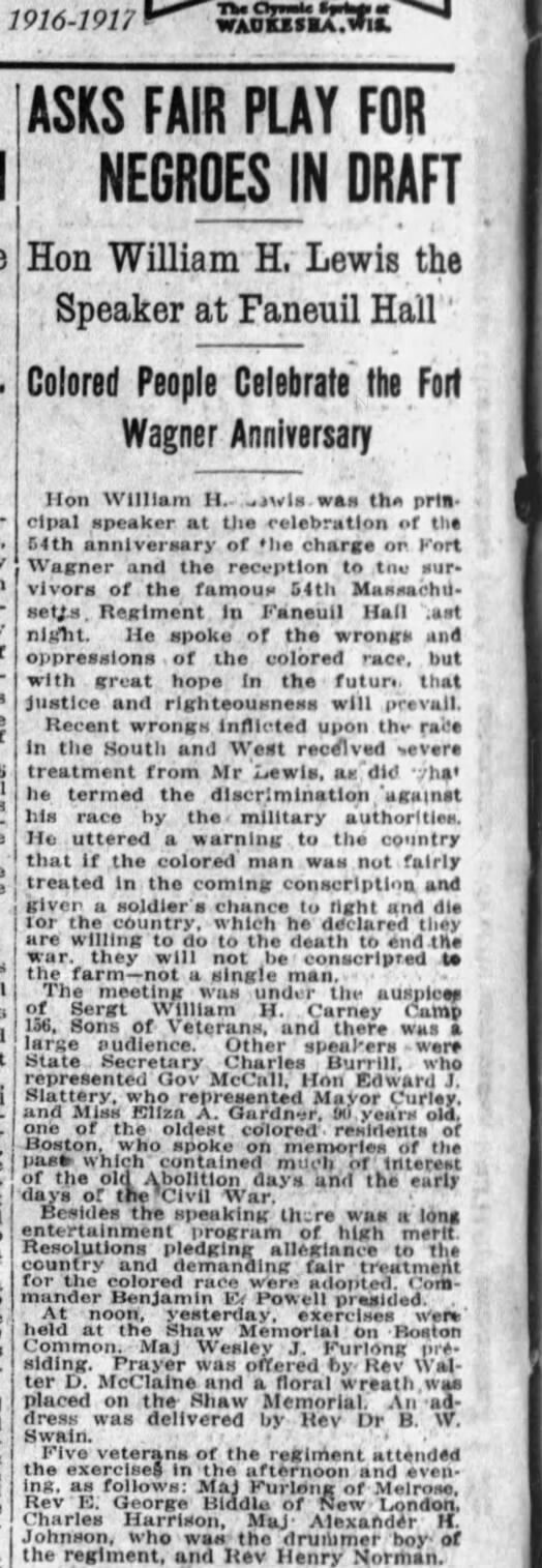 newspaper article about gathering at Faneuil Hall to celebrate the the 54th anniversary of the attack on Fort Wagner from the Boston Globe in 1917