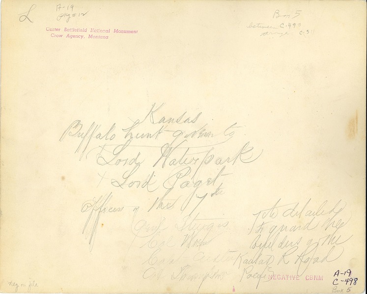 Group [left to right]: Lieutenant Colonel George Armstrong Custer, Miss Talmadge, Captain William Thompson, Lord Waterpark, Lord Alfred Paget, Lieutenant Myles Moylan, Captain Thomas Benton Weir, Colonel Samuel D. Sturgis, Lieutenant William W. Cooke, Eliz