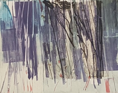 An abstract painting of grey and black tree trunks in a forest.