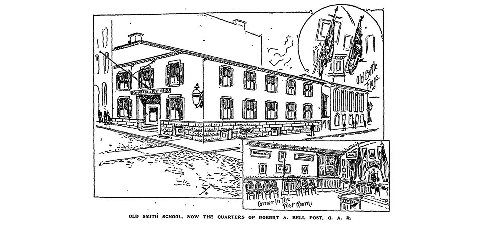 Newspaper print of the Smith School, a long two-story building with a flag pole hanging above the front doorway. Sketches include two old battle flags and the interior of the Post Room.