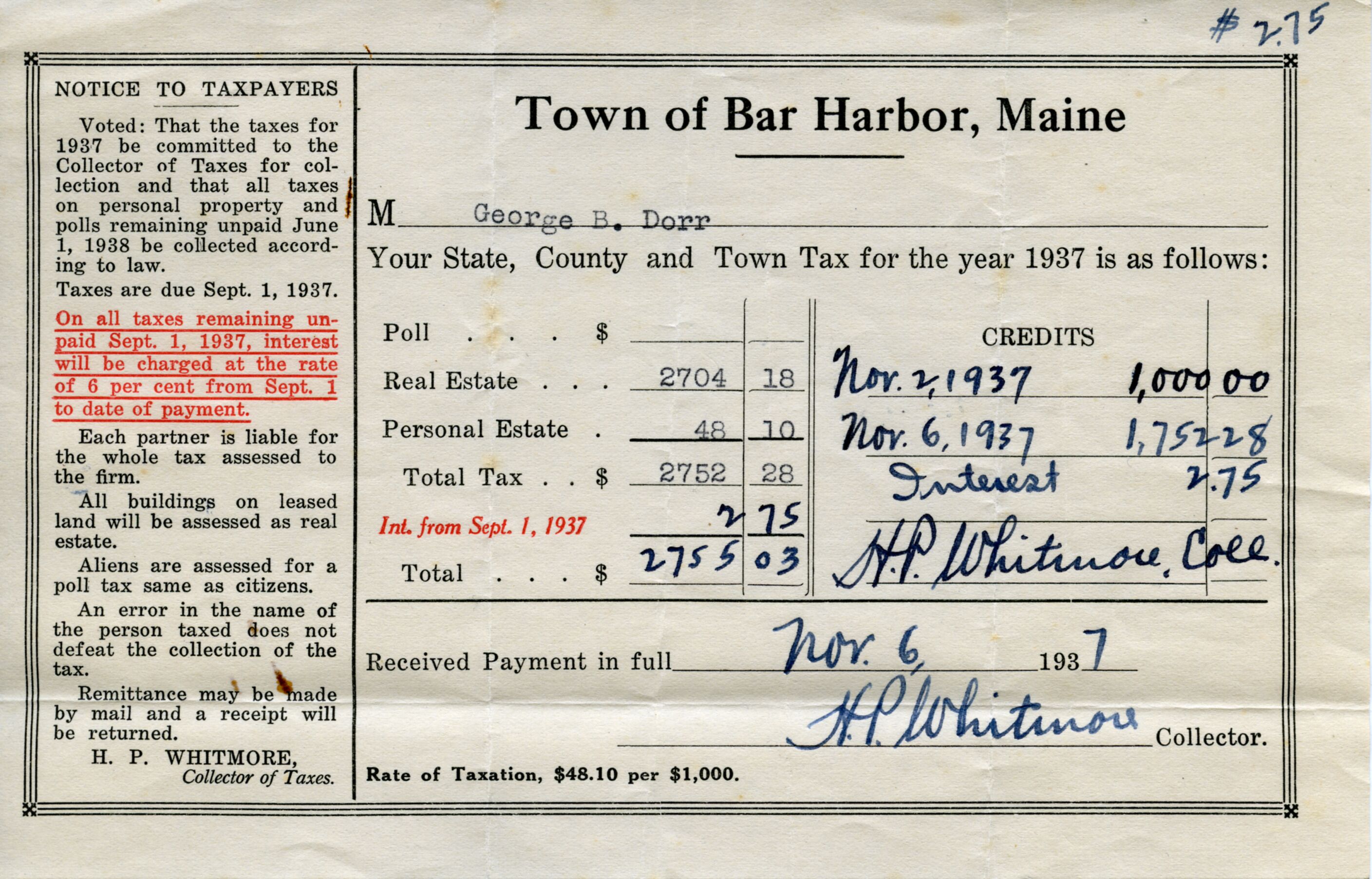 Receipt, Bar Harbor to Dorr, November 6, 1937.tif