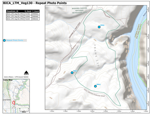 Map of repeat photo point locations for one of fifteen areas where long-term monitoring of sage-steppe vegetation occurs starting in 2011 in Bighorn Canyon National Recreation Area.