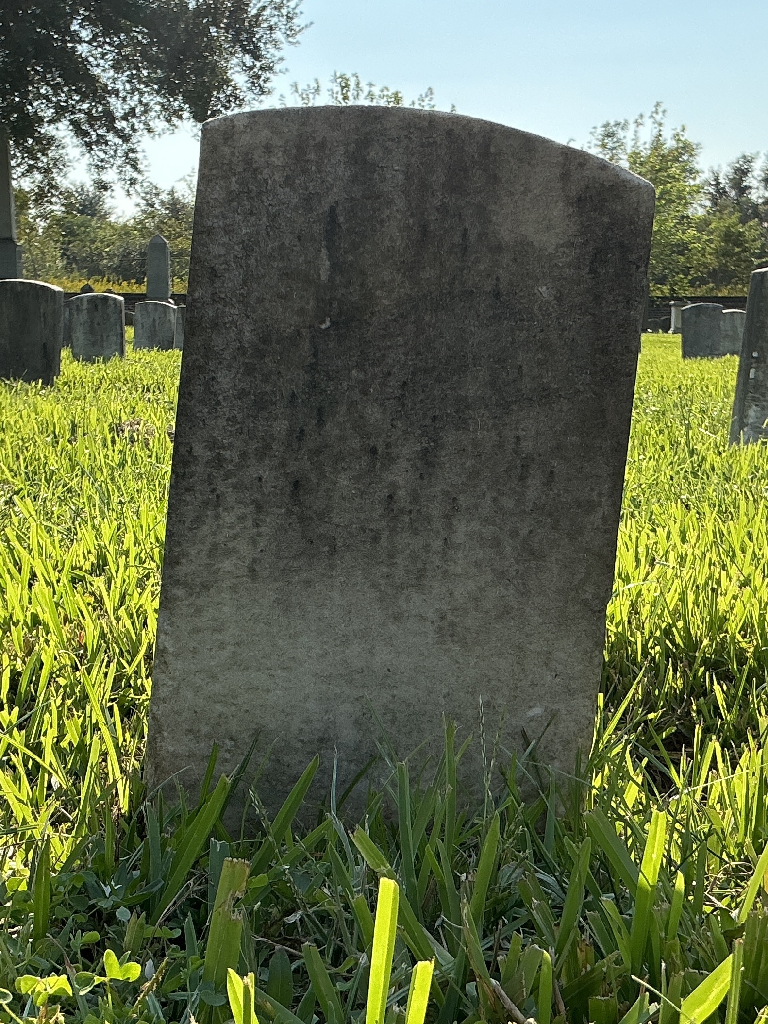 Back of historic upright marble headstone with recessed shield face.