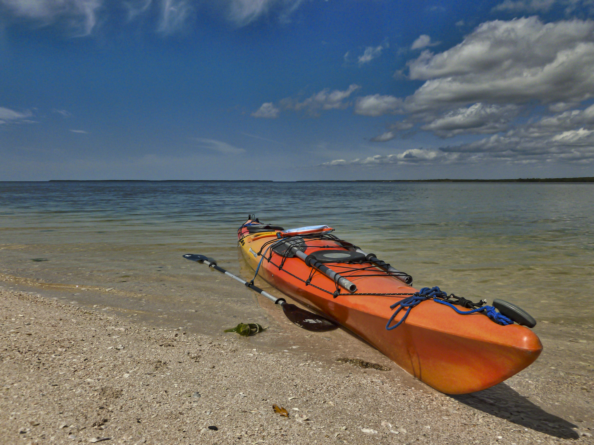 Kayak beached at the edge of the ocean