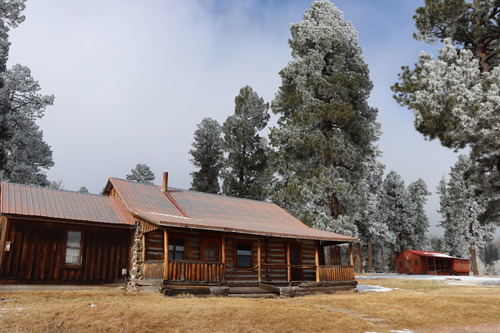 A historic log cabin and tiny red building surrounded by frosty pine trees.