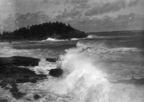 Surf at Anemone Cave from ; Shore Toward Homans House, ; Showing Spray Blowing Back ; in West Wind (5 of 5)