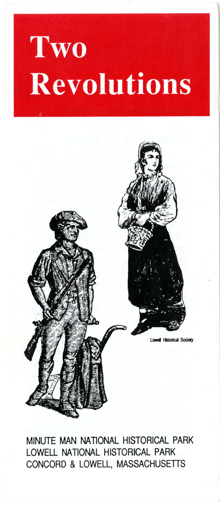 A flier illustration of a Minuteman colonist and a mill girl staring ahead.